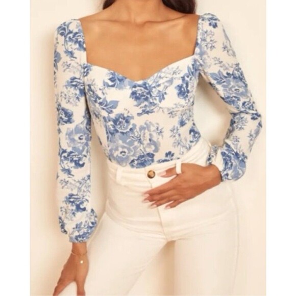Reformation Tops - Reformation Reign Top Blue Floral Pattern Sz 6 Sweetheart Cottagecore Coquette